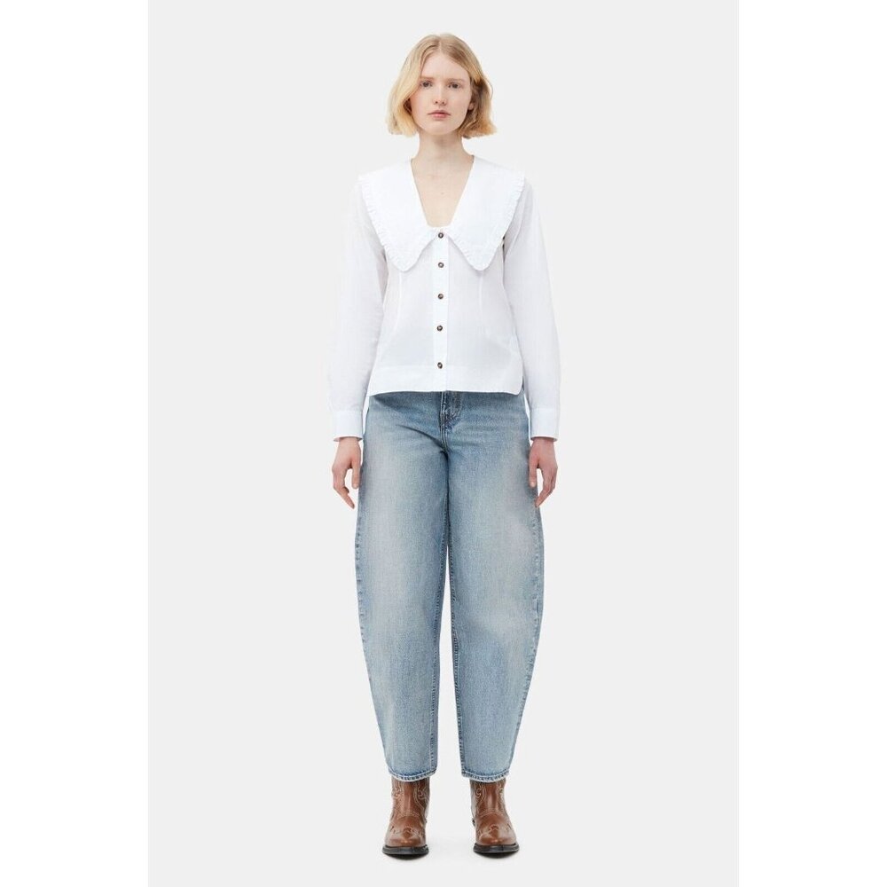 GANNI White Cotton Poplin V-Neck Frill Collar Button Up Shirt Blouse, Size 32/0 - Picture 2 of 16